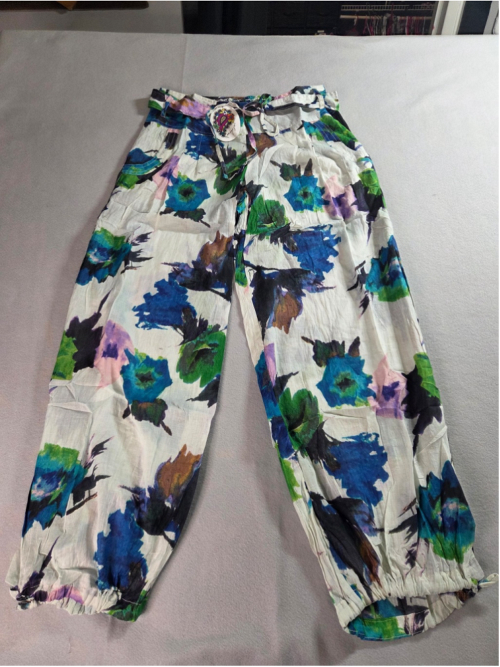 Vibrant Watercolor Floral Linen-Blend Lounge Pants – Boho Elastic Drawstring Wai